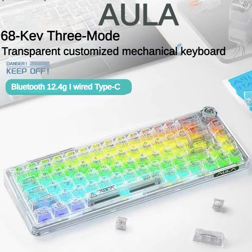 Aula F68 แผ่นตัวเลข F21 ปะเก็นสวิตช์ 3 โหมด คริสตัลใส เปลี่ยนสีได้ ...