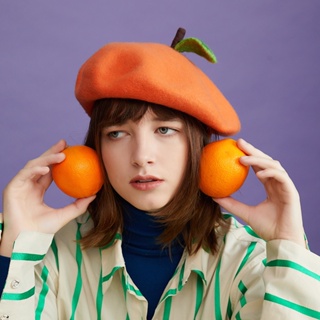 หมวกเบเร่ต์ ผ้าวูล แฮนด์เมด ลายใบไม้สีส้มน่ารัก เหมาะกับฤดูใบไม้ร่วง และฤดูหนาว