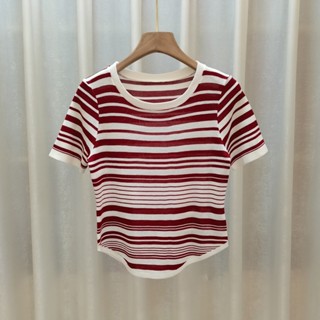 เสื้อคอกลม แขนสั้น ผ้าเรยอน ลายทาง สีตัดกัน สําหรับผู้หญิง