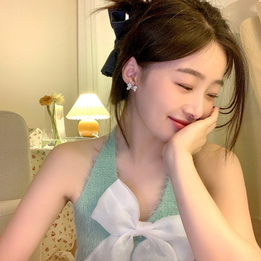 ต่างหูสตั๊ด-รูปโบว์-ประดับเพชร-สีเงิน-สไตล์เกาหลี-เครื่องประดับ-สําหรับผู้หญิง