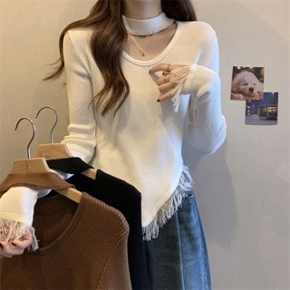 20275 ใหม่ เสื้อกันหนาว แขนสั้น ผ้าถัก ประดับพู่ ทรงไม่สมมาตร แฟชั่นฤดูใบไม้ผลิ สําหรับผู้หญิง MC QHGN
