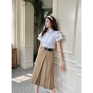 Z53P PRA * A 23 autumn and winter New single-sided pleated skirt design triangle label leather buckle decorative fashion skirt for women