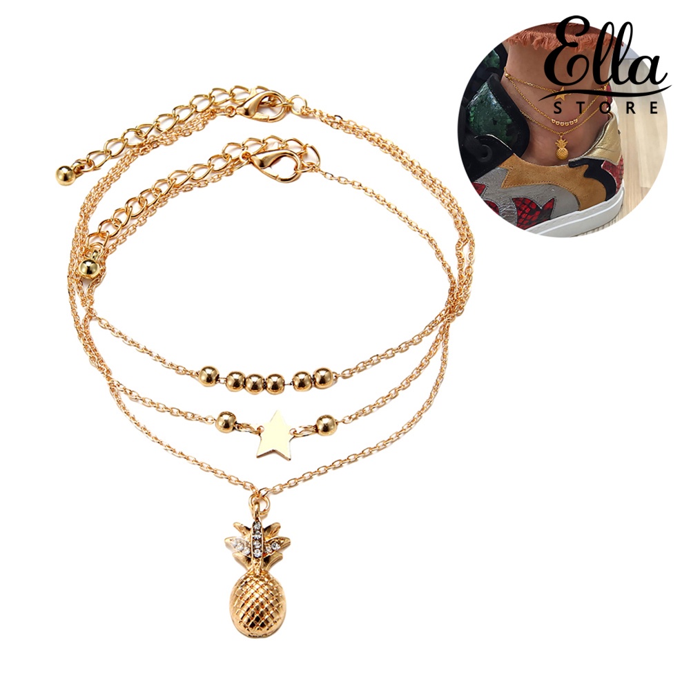 ellastore123-สร้อยข้อเท้า-ลูกปัดสับปะรด-ดาว-หลายชั้น-เครื่องประดับชายหาด-สําหรับผู้หญิง