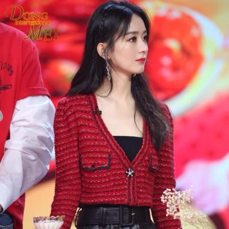 เสื้อแจ็กเก็ตคาร์ดิแกน-คอวี-ผ้าถัก-ตัวสั้น-ลาย-jennie-jin-zhini-yang-mi-star-สีแดง-สําหรับผู้หญิง-2023