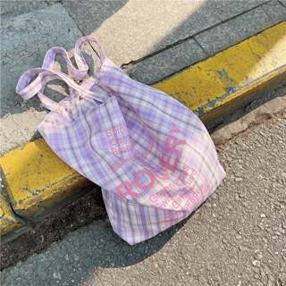 กระเป๋าสะพายไหล่ กระเป๋าช้อปปิ้ง ผ้าแคนวาส ลายสก๊อต แบบพกพา สไตล์เกาหลี สําหรับผู้หญิง