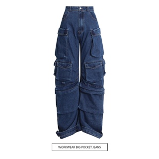 [New in stock] European and American style multi-bag wide leg jeans 2023 autumn new fashion overalls hip hop super cool series trousers quality assurance RFIH