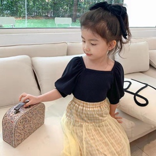 Girls short-sleeved bubble-sleeved T-shirts 2023 Summer T-shirt trend of pure cotton lantern sleeves for children with square collars