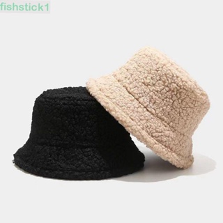 Fishstick1 หมวกบักเก็ตลําลอง ผ้าขนแกะ สีพื้น อบอุ่น ปรับได้ สไตล์เกาหลี ฤดูใบไม้ร่วง และฤดูหนาว สําหรับผู้หญิง