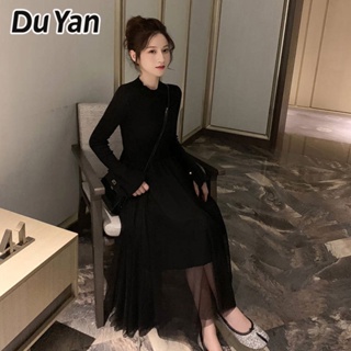 Du Yan ชุดเดรสกระโปรง แขนยาว ผ้าตาข่าย สีดํา ขนาดเล็ก แฟชั่นฤดูใบไม้ร่วง สไตล์เกาหลี สําหรับสตรี