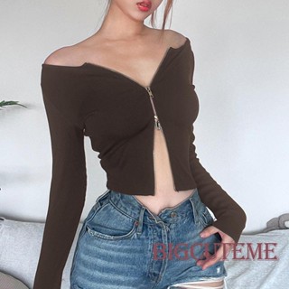 [] - เสื้อครอปท็อป แขนยาว คอวี มีซิป สีพื้น สลิมฟิต สตรีท สําหรับผู้หญิง