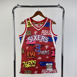 Mn เสื้อกีฬาบาสเก็ตบอล แขนกุด ลายทีม Hot-pressed Vintage Jersey 76ers No.3Iverson สีแดง สําหรับผู้ชาย