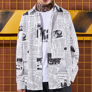 เสื้อเชิ้ตแขนยาว พิมพ์ลายการ์ตูนกราฟฟิติ แฟชั่นฮาราจูกุ สไตล์เกาหลี และญี่ปุ่น สําหรับผู้ชาย