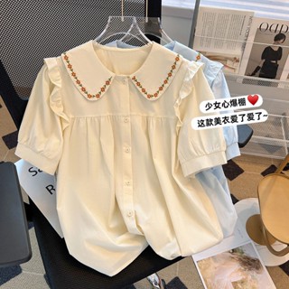 เสื้อเชิ้ต คอตุ๊กตา ปักลาย สไตล์ฤดูร้อน สําหรับผู้หญิง