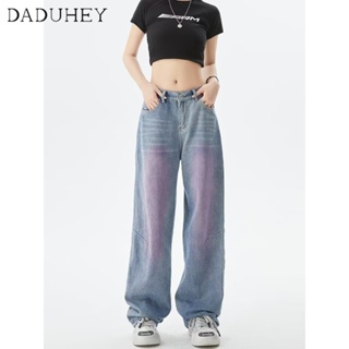 DaDuHey🎈 Womens  American Style High Street Retro Loose Wide Leg Purple Washed Jeans High Waist Slim Straight Mop Pants