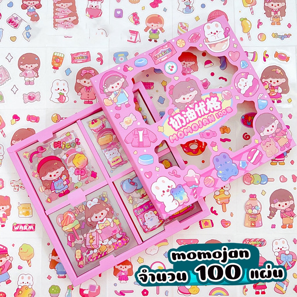 สติ๊กเกอร์ ไดคัท 100แผ่น พร้อมกล่อง Sticker ชุด PVC น่ารักกันน้ำ ลาย ...