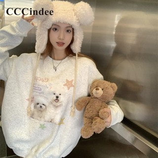 Cccindee ใหม่ เสื้อกันหนาว คอกลม แขนยาว ทรงหลวม พิมพ์ลายสุนัข สีตัดกัน แฟชั่นสําหรับผู้หญิง 2023