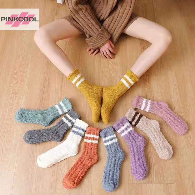 pinkcool-ถุงเท้าขนแกะนุ่ม-ลายทาง-ฤดูหนาว-อบอุ่น-ยาว-ผู้หญิง-ถุงเท้าฟัซซี่-บ้าน-พื้น-นอน-ผ้าวูล-ขนปุย-ของขวัญ-ขายดี