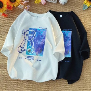 ใหม่ เสื้อยืดคอกลม แขนสั้น พิมพ์ลายวาฟเฟิล ทรงหลวม สไตล์เกาหลี ฮิปฮอป เรโทร เหมาะกับฤดูร้อน สําหรับผู้ชาย คู่รัก
