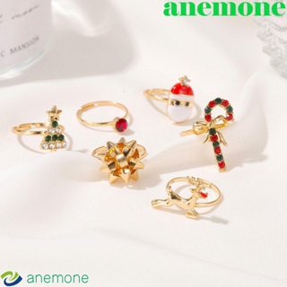 Anemone แหวน ลายการ์ตูนซานต้า น่ารัก หรูหรา เครื่องประดับต้นคริสต์มาส สําหรับผู้หญิง 6 ชิ้น ต่อชุด