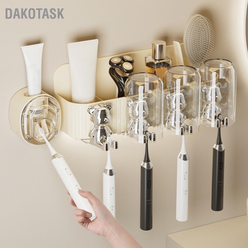 dakotask-ชั้นวางแปรงสีฟันหมีน่ารักพร้อมเครื่องคั้นยาสีฟันอัตโนมัติที่เจาะพลาสติกฟรีประหยัดพื้นที่ที่วางแปรงสีฟันแบบติดผนัง