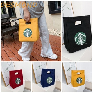 Desmond กระเป๋าถือ ผ้าแคนวาส พิมพ์ลาย Starbucks ทรงโท้ท เรียบง่าย สไตล์เกาหลี สําหรับใส่กล่องอาหารกลางวัน และคุณแม่