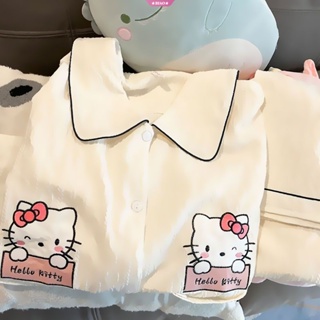 SANRIO ชุดนอน เสื้อแขนยาว คอปก ลายการ์ตูนอนิเมะ Hello Kitty และกางเกงขายาว สําหรับผู้ใหญ่ [BK]