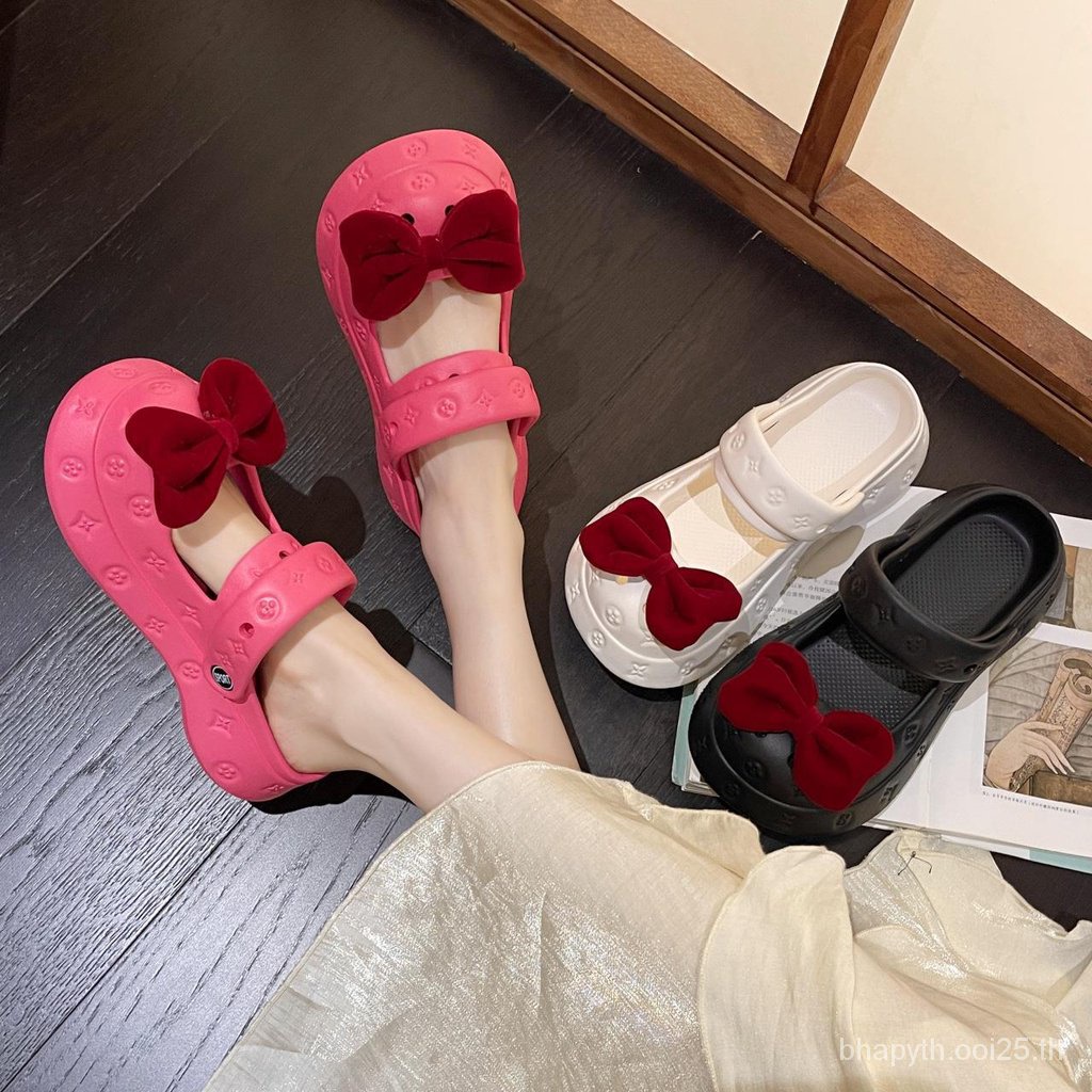 รองเท้าแตะส้นแบนสำหรับผู้หญิงใส่เป็นแจ๊กเก็ตสำหรับฤดูร้อนรองเท้าชายหาดผูกโบว์น่ารักสไตล์เกาหลีใหม่-sl1442