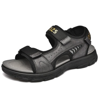 รองเท้าแตะ Velcro หนังวัว ลําลอง สีเทา เหมาะกับเดินชายหาด แฟชั่นฤดูร้อน สําหรับผู้ชาย