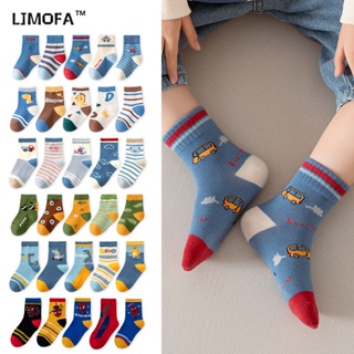 Ljmofa KIDS ถุงเท้าผ้าฝ้าย ยืดหยุ่น ระบายอากาศ ลายการ์ตูนไดโนเสาร์น่ารัก สําหรับเด็กผู้ชาย 1-12 ปี
