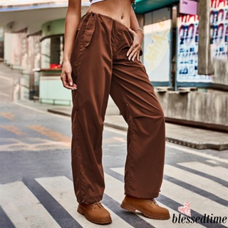 Blessedtime- กางเกงคาร์โก้ แบบผูกเชือก เอวกลาง สีพื้น สําหรับผู้หญิง วัยรุ่น ผู้ใหญ่