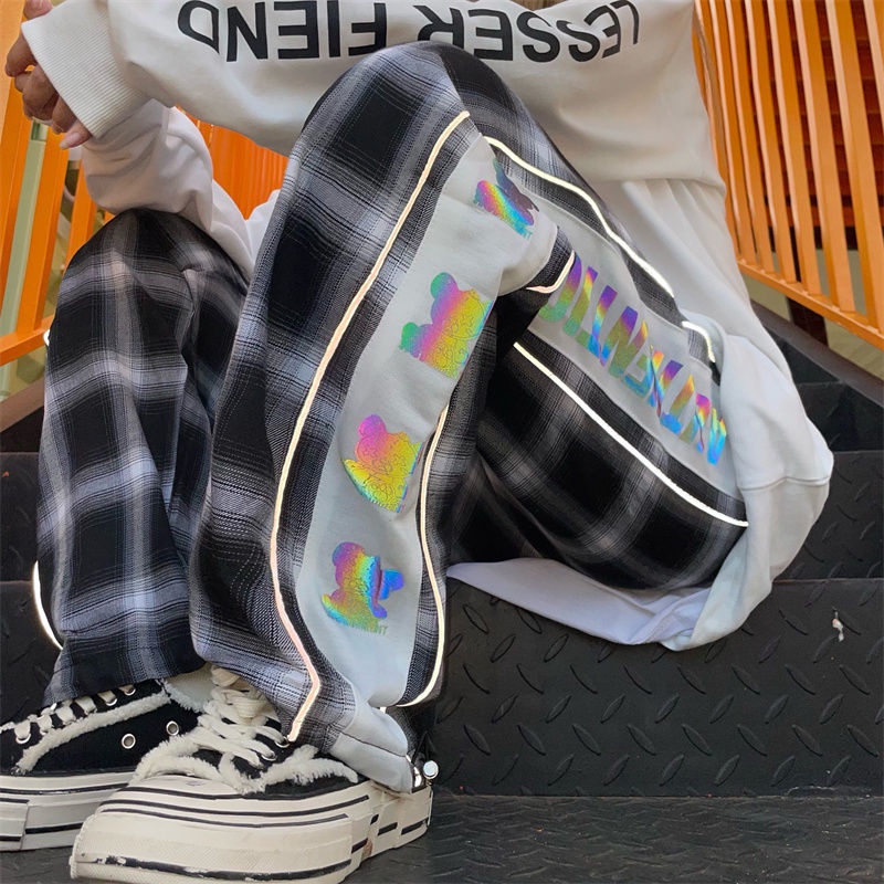 1039-trendy-mens-and-womens-reflective-thin-plaid-pants-casual-pants-hip-hop-loose-pants-sweatpants