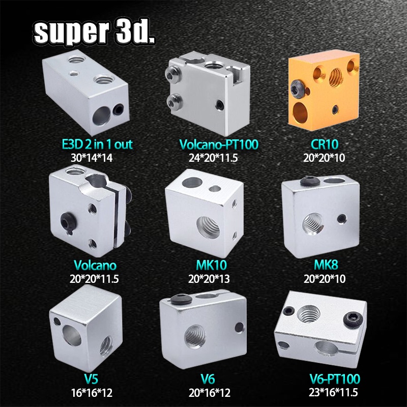 1 pcs 3D Heat Block E3D V5 V6 MK7 MK8 MK2 MK10 Volcano PT100 CR10 2 IN ...