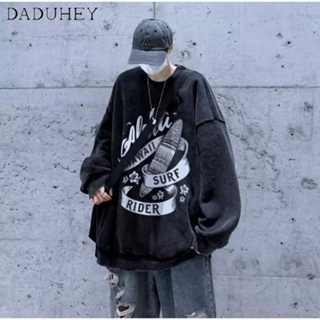 DaDuHey🔥 Mens Ins Hong Kong Style Retro Washed round Neck Fashion Brand All-Matching Long Sleeve Top 2023 New Spring and Autumn Loose Personalized Printing Sweater