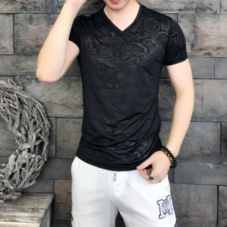 เสื้อยืดคอวี แบบบาง เข้ารูป แบบแห้งเร็ว สไตล์เกาหลี แฟชั่นสําหรับผู้ชาย