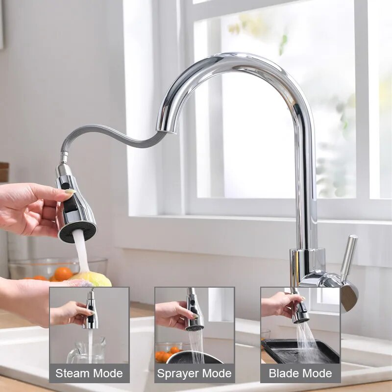 Kitchen Faucets Brushed Nickel Pull Out Spout Stream Sprayer Head Hot