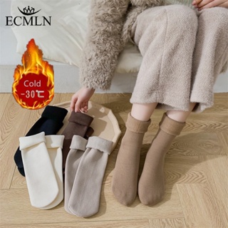 Ecmln ถุงเท้า ผ้าฝ้าย และผ้ากํามะหยี่ แบบหนา ให้ความอบอุ่น สีพื้น แบบเรียบง่าย แฟชั่นฤดูใบไม้ร่วง และฤดูหนาว สําหรับผู้หญิง