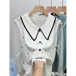 25264 เสื้อกันหนาว คอตุ๊กตา ผ้าเรยอน แต่งลูกไม้ ไฮเอนด์ แฟชั่นฤดูใบไม้ผลิ ฤดูใบไม้ร่วง สําหรับผู้หญิง KC3C