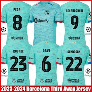 เสื้อกีฬาแขนสั้น ลายทีม Barcelona Third Away Gundogan Gavi Kounde Lewandowski Pedri Jersey พลัสไซซ์ 2023-2024