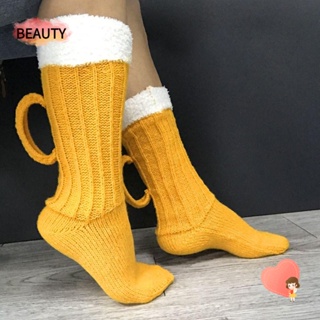 Beauty ถุงเท้าถัก แบบหนา สีเหลือง อบอุ่น เหมาะกับของขวัญคริสต์มาส ฤดูหนาว สําหรับผู้ชาย และผู้หญิง 1 คู่