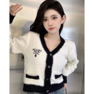 VIU2 PRA * A 23 autumn and winter New ring yarn plush V-neck letter embroidered cardigan sweater womens fashion all-match sweater