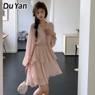 Du Yan ชุดเดรสกระโปรงสั้น แขนยาว คอวี สีชมพู สําหรับสตรี