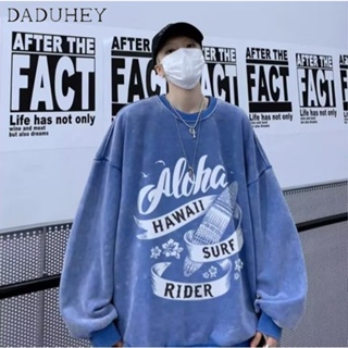 DaDuHey🔥 Mens Spring and Autumn Loose Personalized Printing  Long Sleeve Top 2023 New Ins Hong Kong Style Retro Fashion Brand All-Matching Washed round Neck Sweater