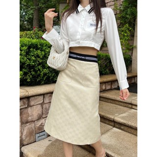 FVH8 MIU MIU 23 autumn and winter new letter embroidery short shirt overskirt suit womens striped letter thread waist decoration