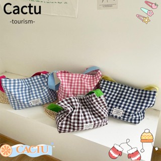Cactu กระเป๋าสะพายไหล่ กระเป๋าช้อปปิ้ง ผ้าแคนวาส ลายตารางหมากรุก สีตัดกัน ลําลอง ของขวัญคริสต์มาส