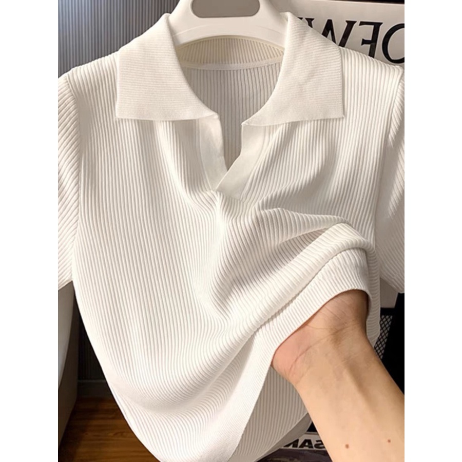 เสื้อยืดโปโลแขนสั้น-คอปก-ผ้าเรยอน-ลายทาง-สีขาว-แฟชั่นฤดูร้อน-สําหรับผู้หญิง