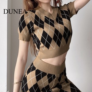 Dunea เสื้อกันหนาว คอวี ผ้าถัก ประดับเพชร สไตล์วินเทจ สําหรับผู้หญิง