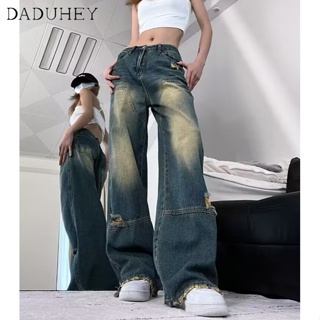 DaDuHey🎈 New American Style Retro Washed Womens Jeans All-Match High Waist Fashion Casual Mop Pants