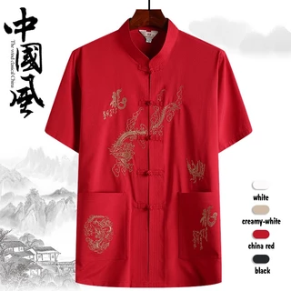 โปรโมชั่น Flash Sale : เสื้อเชิ้ตแขนสั้น ผ้าลินิน ปักลายมังกรจีน ทรงหลวม แบบดั้งเดิม สไตล์ตรุษจีน
