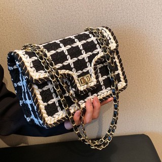 Chanel Style Woolen Bag Womens 2022 Autumn and Winter New Fashionable Chain Bag Texted Shoulder Crossbody Bag Small Square Bag