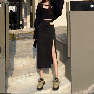 DaDuHey🎈 Womens  Korean Style Black Gray High Waist Split Denim Skirt Thin-Fit Fashion Mid-Length Split Skirt